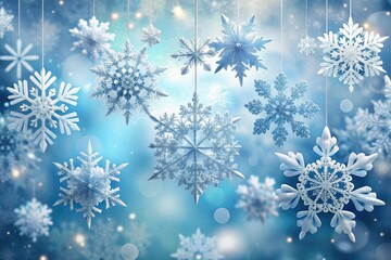 Delicate, intricately designed snowflakes in various shapes and sizes, rendered in crisp white and soft blue hues, suspended against a serene, gentle winter background.