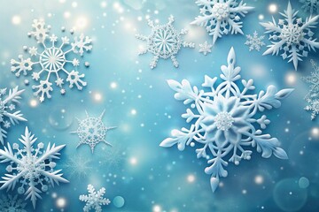 Delicate, intricately designed white snowflakes with rounded edges and swirling patterns float gently against a soft, serene blue background, evoking a peaceful winter wonderland ambiance.