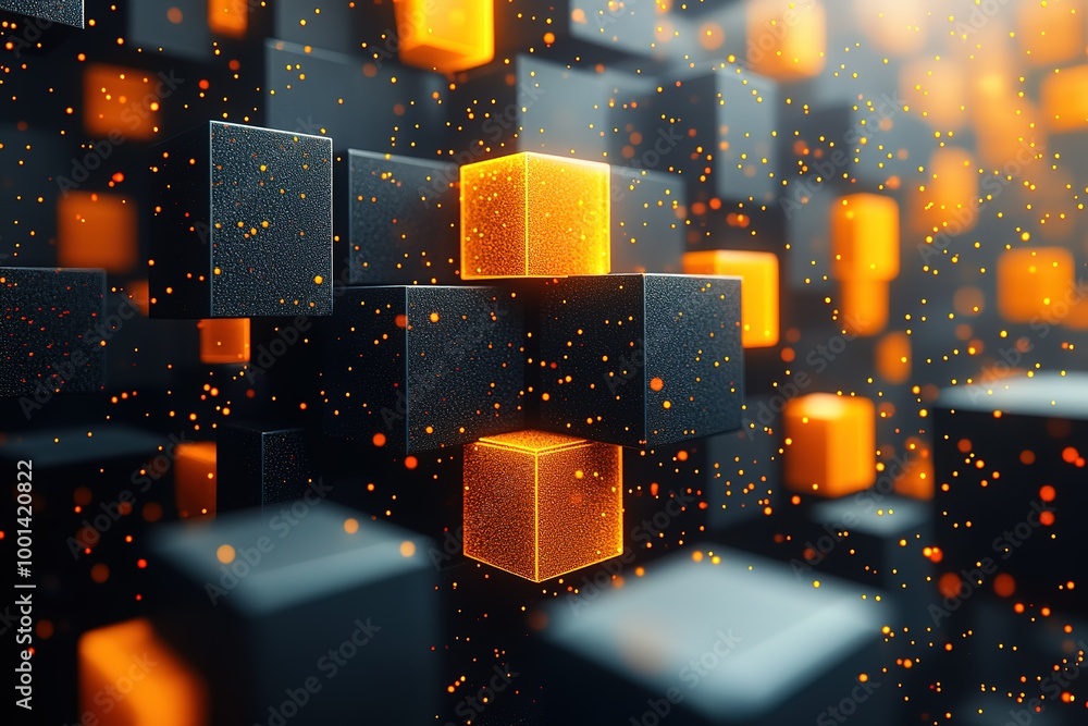 Poster a black and orange cube pattern with a lot of sparkles