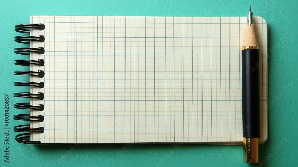 Poster a blank grid notebook with a black pencil resting beside it, ready for inspiration and creativity.
