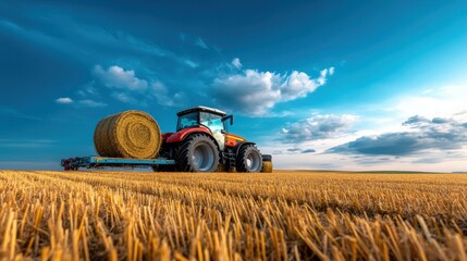Obraz premium Red Tractor Hauling Hay Bale In Golden Field Under Blue Sky