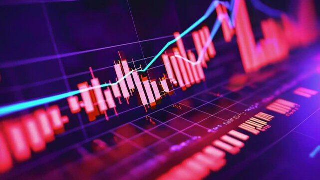 A dynamic chart candlestick patterns live price stock, forex, or crypto markets. averages, relative strength index, volume bars technical analysis, data numbers indicators, 4k Stock Market Animation