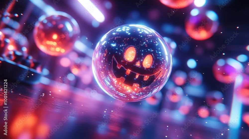 Poster a single glowing sphere with a carved pumpkin face floats in a dark space illuminated by bright pink