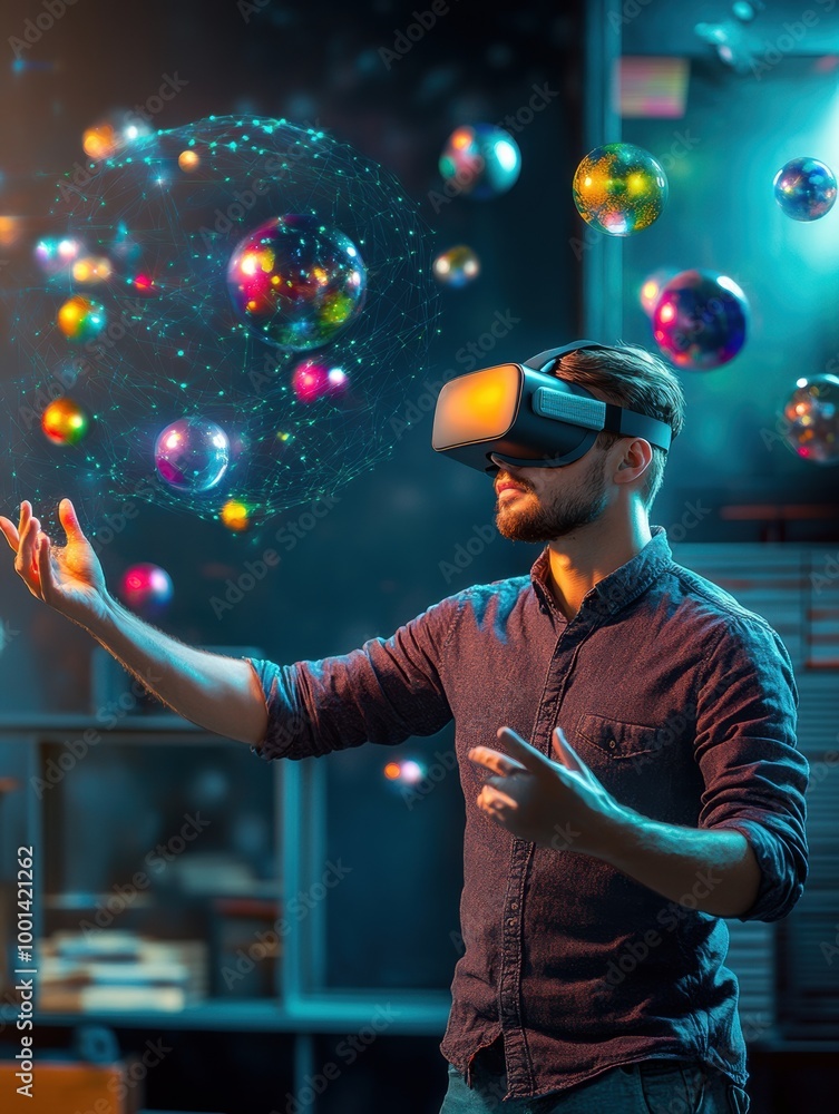 Poster a virtual reality designer interacts with floating 3d objects in a modern studio during a creative d