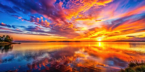 Breathtaking Sunrise Background with Vibrant Colors Over Calm Waters and Silhouetted Landscape Features