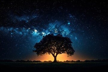 A tree is lit up in the dark sky with stars