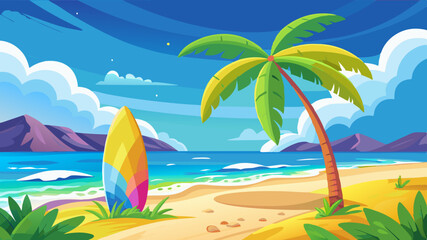 A tropical beach with a yellow surfboard on the sand, a rainbow in the sky, and a clear blue ocean with white waves
