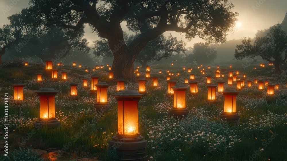 Poster a field of glowing lanterns illuminate a forest clearing at dusk, casting a warm glow on the wildflo