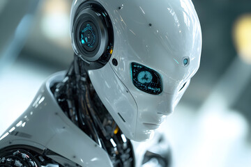 Fototapeta premium close up of futuristic robot showcasing intricate details and advanced technology. robot features sleek white exterior with glowing blue elements, evoking sense of innovation and sophistication