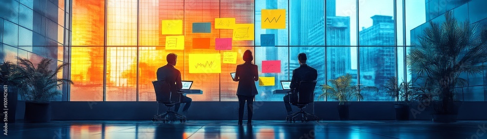 Poster a group collaborates in a modern office, discussing ideas with sticky notes on a colorful window bac