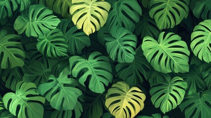 Flat art style illustration of seamless monstera leaves texture, ideal for tropical-themed designs and backgrounds.