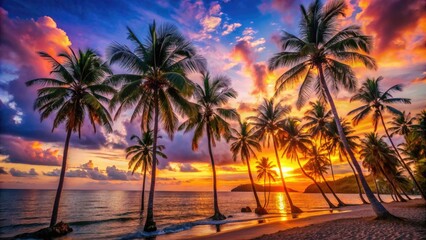 Breathtaking Sunset Over Palm Trees at Serene Beach with Vibrant Colors and Tranquil Atmosphere