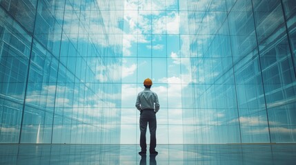 Engineer in a Hard Hat Overseeing Construction in a Modern Glass Building with Sky Reflections