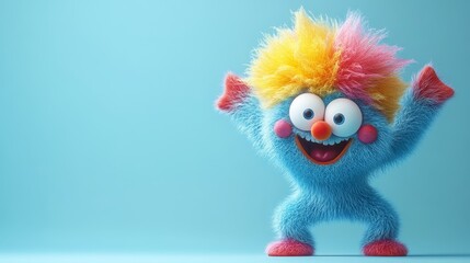 Fototapeta premium A cheerful, colorful fuzzy character with blue fur and vibrant hair strikes a playful pose against a light blue background.
