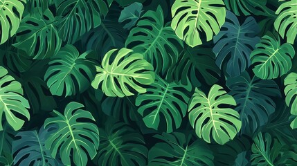 Flat art style illustration of seamless monstera leaves texture, ideal for tropical-themed designs and backgrounds.