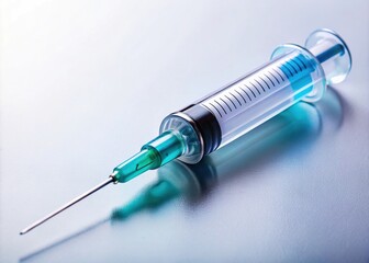 Close-up of a sterile injection syringe with clear liquid ready for medical use on a white background