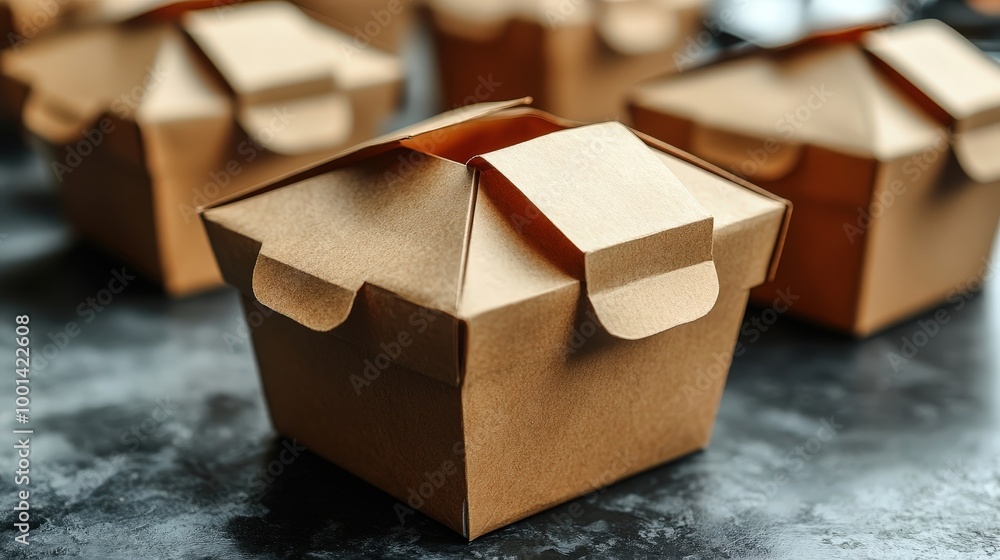 Aufkleber a close-up view of a brown cardboard takeaway box with its lid slightly ajar, positioned on a dark t