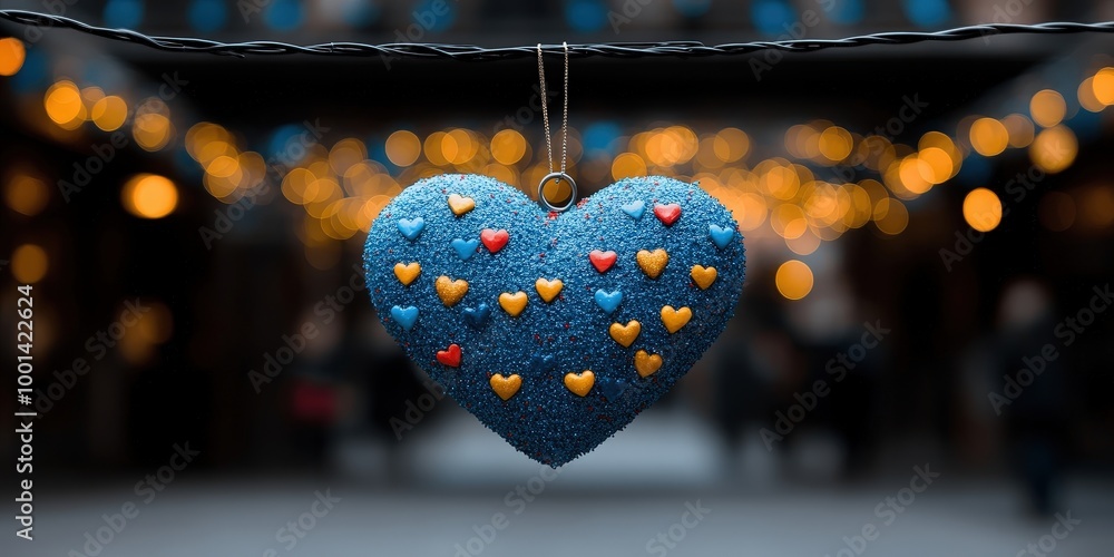 Poster a blue heart ornament adorned with tiny hearts hangs from a string against a backdrop of warm, blurr