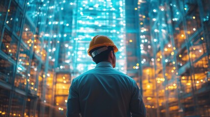 Engineer in Hard Hat Overseeing High-Tech Glass Building at Night with Bright Illuminated Lights