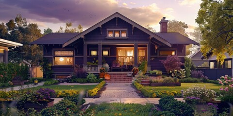 Chic urban craftsman house in deep plum, showcasing decorative woodwork, a neat garden, and a golden hour glow.