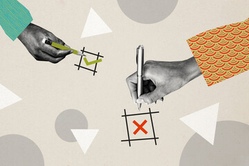 Composite photo collage of hands hold pen put checkmark sign project approval cross refusal option...