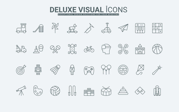 Toys for baby kids, playground and park equipment, childish games line icons set. Kindergarten and sandbox, recreation area toys, leisure thin black outline symbols vector illustration.