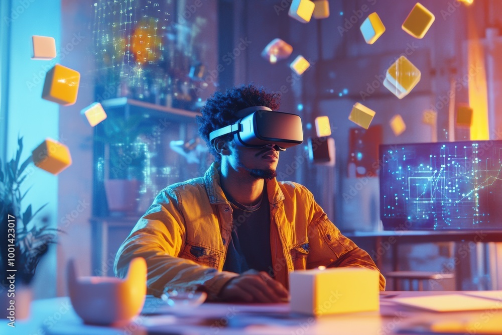 Poster a virtual reality designer explores creative concepts in a modern studio with floating 3d objects we