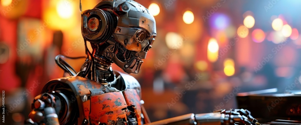Poster a retro-style robot with worn metal details and mechanical features is seated in a moody, dimly lit 