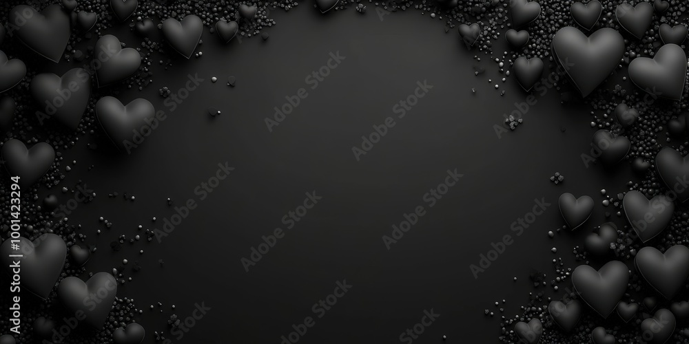 Aufkleber a monochromatic composition featuring black hearts of varying sizes, scattered on a black background