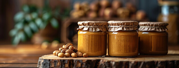 A food packaging mockup set of brown peanut butter jars in order with brown paper lid on wooden table with raw nuts around