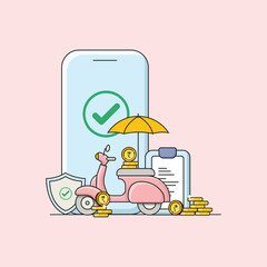 An eye-catching illustration featuring a sleek motorbike surrounded by a cascade of Indian coins, representing the tangible value of mobile insurance for riders.