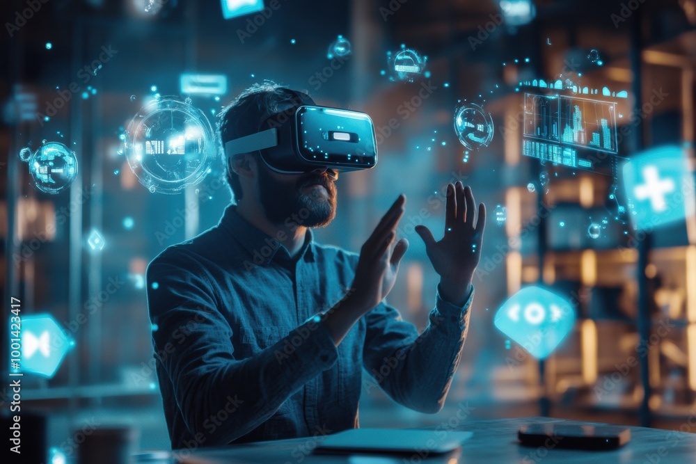 Poster a virtual reality designer explores interactive 3d elements in a modern studio while wearing a vr he