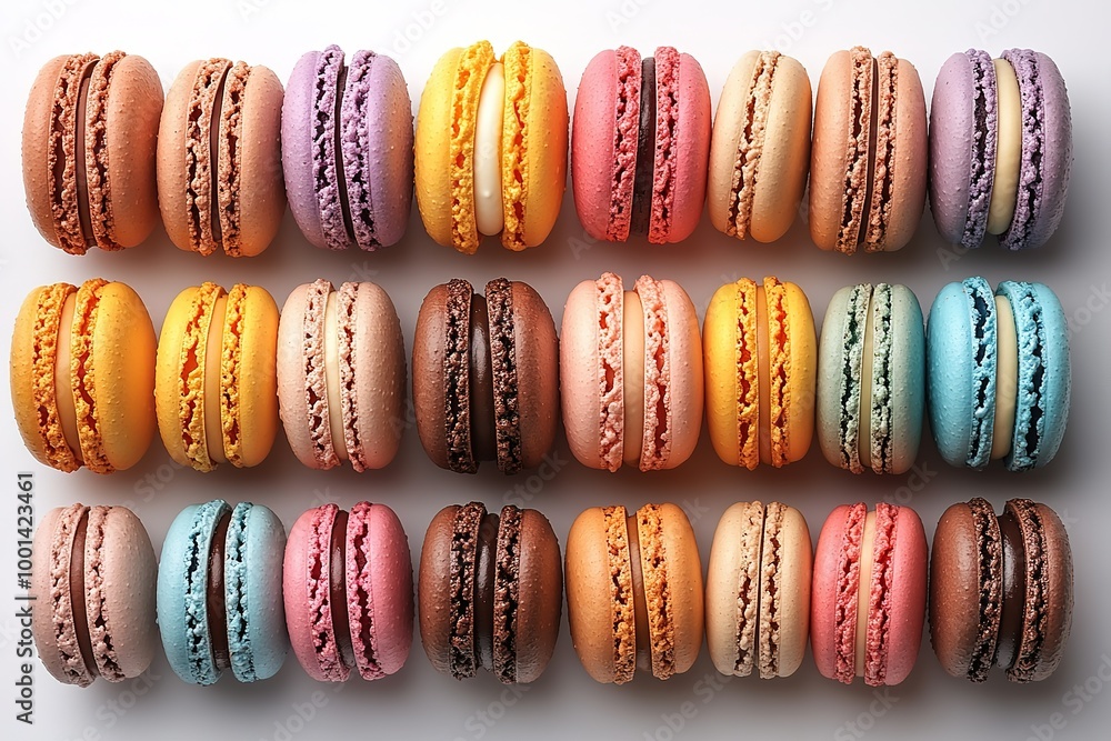 Poster a row of colorful macarons with different flavors and colors