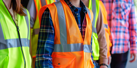 Close-up of a group of construction workers wearing brightly colored safety vests. The variety of orange, yellow vests highlights safety and teamwork on the construction site