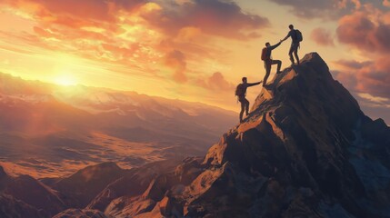 Leader standing on a peak, extending hand to help a team member climb up, representing leadership and teamwork