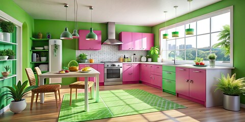Fototapeta premium Bright and Cheerful Pink and Green Kitchen Interior with Modern Appliances and Stylish Decor Elements