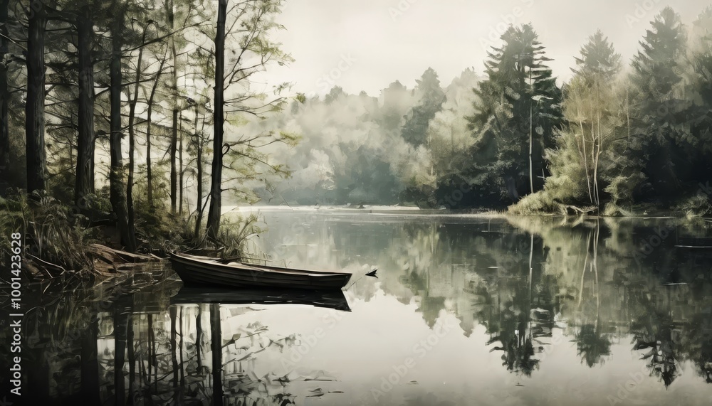 Poster a tranquil lake reflects the surrounding trees in a serene, mist-covered landscape. a single boat re