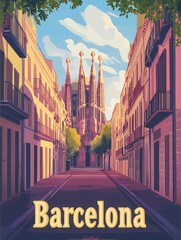 Obraz premium Stroll through the charming streets of Barcelona with the stunning Sagrada Familia rising majestically in the background, showcasing the citys unique architecture and vibrant atmosphere.