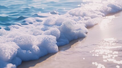 Foamy waves crashing against the shoreline, white foam bubbling over the blue water