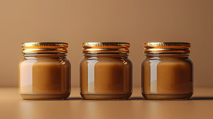 A set of brown peanut butter jars in order with blank label mockup on wooden table 