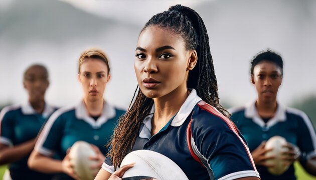 Determined Female Rugby Player Leading Her Team