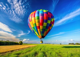 Fototapeta premium Colorful Balloon Kite Soaring Against a Clear Blue Sky on a Bright Sunny Day in Open Field