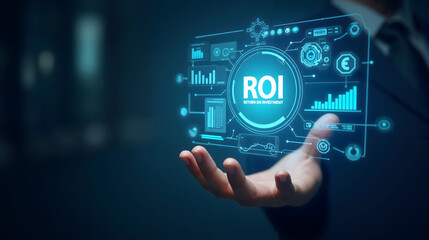 Fototapeta premium Return on investment (ROI) hologram displayed in businessman’s hand