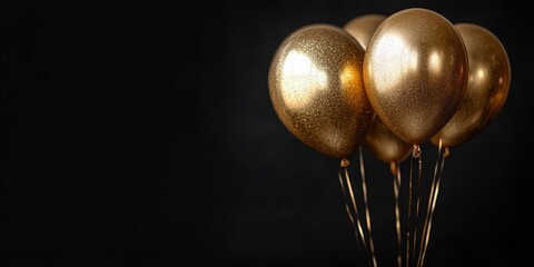 Obraz premium A cluster of golden balloons with glitter accents against a dark background, symbolizing celebration and festive joy.