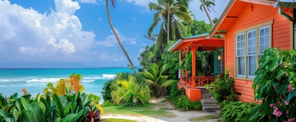 Cheerful tangerine beachfront cottage with lush tropical gardens, set against a backdrop of the turquoise ocean.