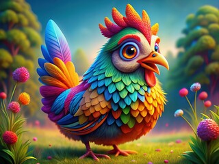 Fototapeta premium Colorful Cartoon Hen Character with Playful Expression and Fun Design for Creative Projects and Kids