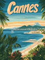 Fototapeta premium Experience the allure of Cannes with its lush coastline, vibrant beaches, and tranquil waters, all captured in this retro travel poster celebrating this iconic destination.