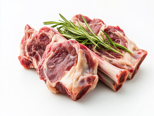 Obraz premium Pieces of meat with a bunch of rosemary on top. 