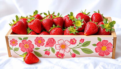 Ai generative beautiful strawberry in a wooden box The on a white cloth background