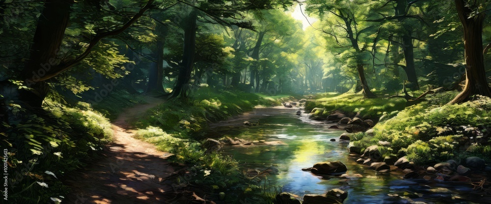 Poster a tranquil forest stream winds through lush greenery as sunlight filters through the trees, creating